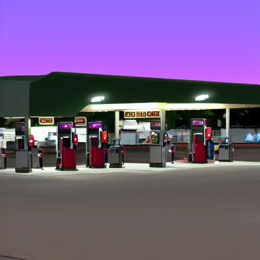 Prompt: a gas station at nighttime, screenshot, extreme long shot, cold lighting, Vaporware style