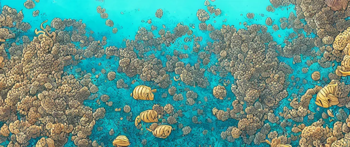 Prompt: a beautiful detailed ink drawing of a swarm of a Golden Corral built on top of the Great Barrier Reef | graphic novel:.1 | unreal engine:.5