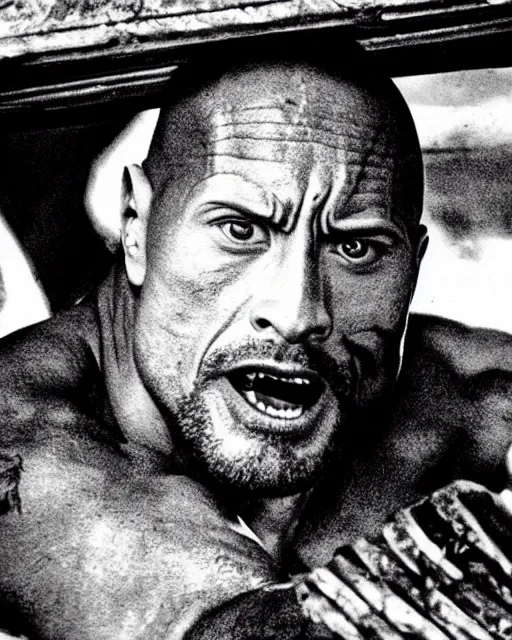 Image similar to film still close up shot of dwayne johnson in the movie mad max 2 the road warrior. photographic, photography