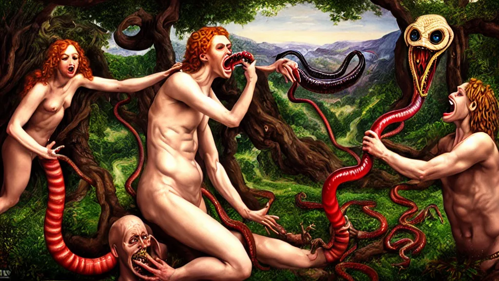 Prompt: Adam and eve with a screaming worm monster, maximalist, high detail, 8k, ornate, dark fantasy, realistic, masterpiece, complex, WLOP, wide angle