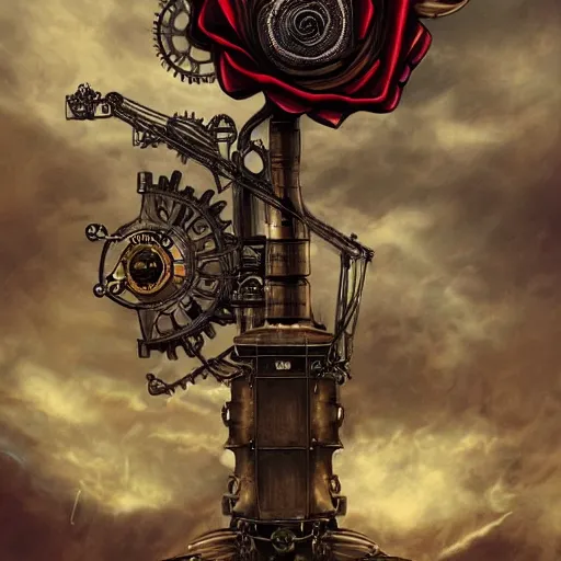 Image similar to giant mechanical rose, steampunk, fantasy art, sky, detailed