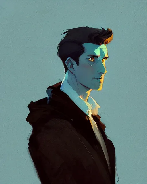 Image similar to portrait of male lord with dark hair and golden eyes, by atey ghailan, by greg rutkowski, by greg tocchini, by james gilleard, by joe fenton, by kaethe butcher, dynamic lighting, gradient light blue, brown, blonde cream and white color scheme, grunge aesthetic