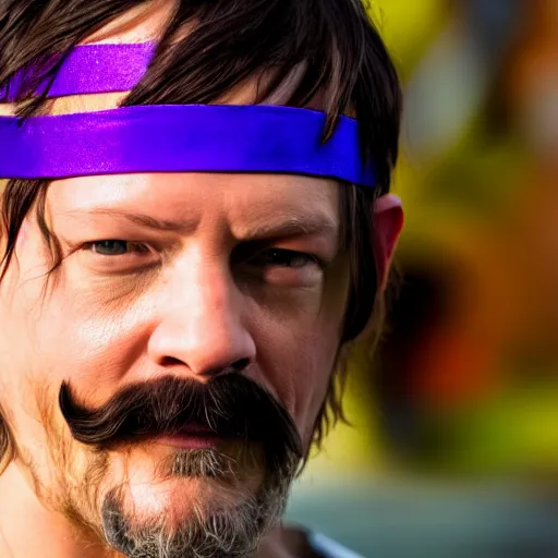 Prompt: norman reedus as waluigi, closeup photo, 2 5 mm, f 3. 4, bokeh