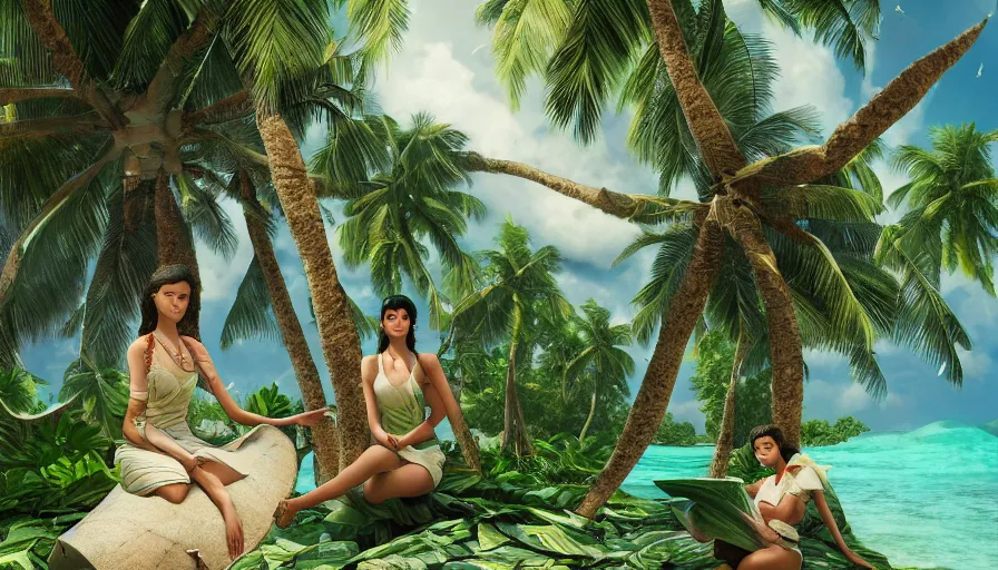 Prompt: very very small lakshadweep island, sitting on a gigantic coconut tree leaf by ilya kuvshinov, rtx rendering, octane render 1 2 8 k, maya, extreme high intricate details by tom bagshaw, medium shot, close up shot, composition by sana takeda, lighting by greg rutkowski