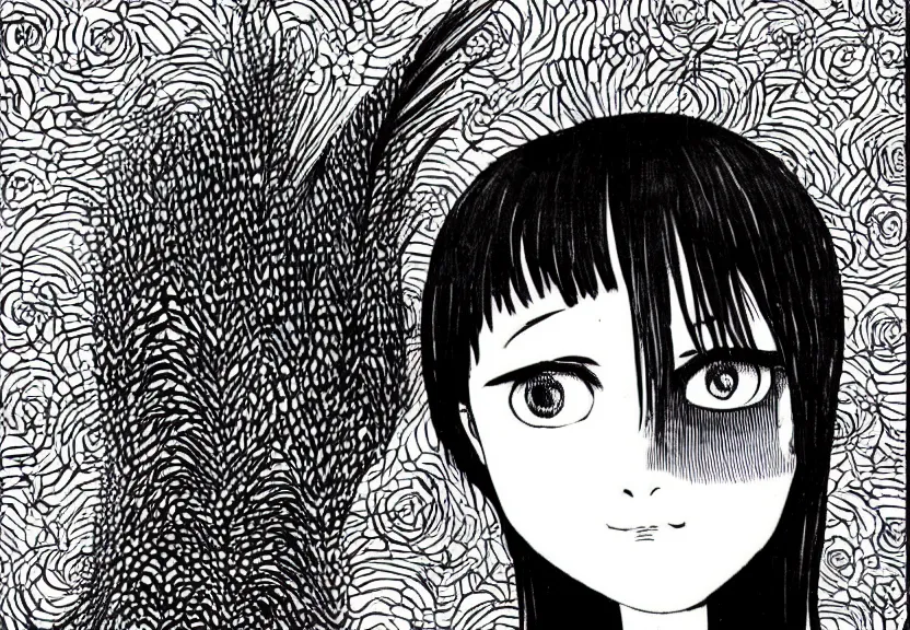 Image similar to beautiful little girl with a short black haircut wearing a dress made of black feathers, artwork in junji ito art style, anatomically perfect