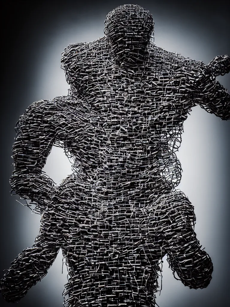 Image similar to a perfect portrait photograph, of an exploded man, every part is joined together by iron rods. perfect focus and studio lighting.