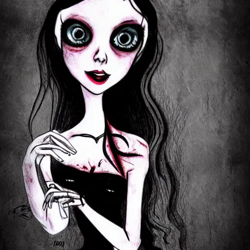 Image similar to grunge drawing of a cartoon beautiful woman with big eyes and a wide smile by mrrevenge, corpse bride style, horror themed, detailed, elegant, intricate