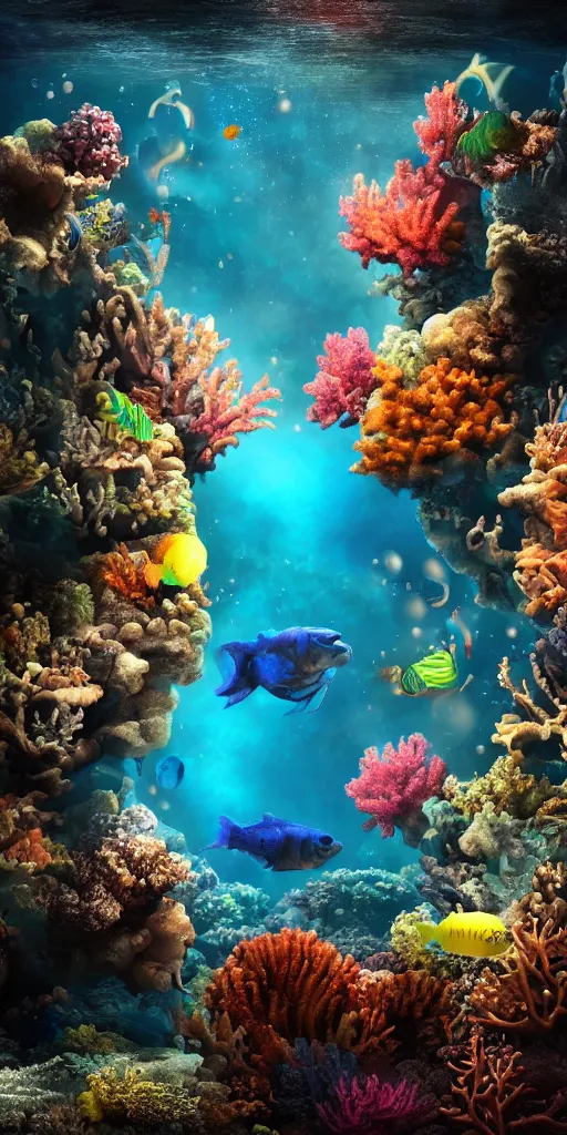 Prompt: A underwater world with a bubbles, fish and coral, digital art, trending on artstation, award winning, 8k, volumetric lighting