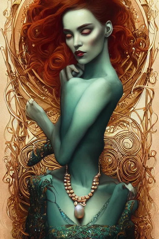 Prompt: Copper Crown with iridescent pearls and cyan jewels, other worldly, art nouveau, by Anato Finnstark, Tom Bagshaw, Brom