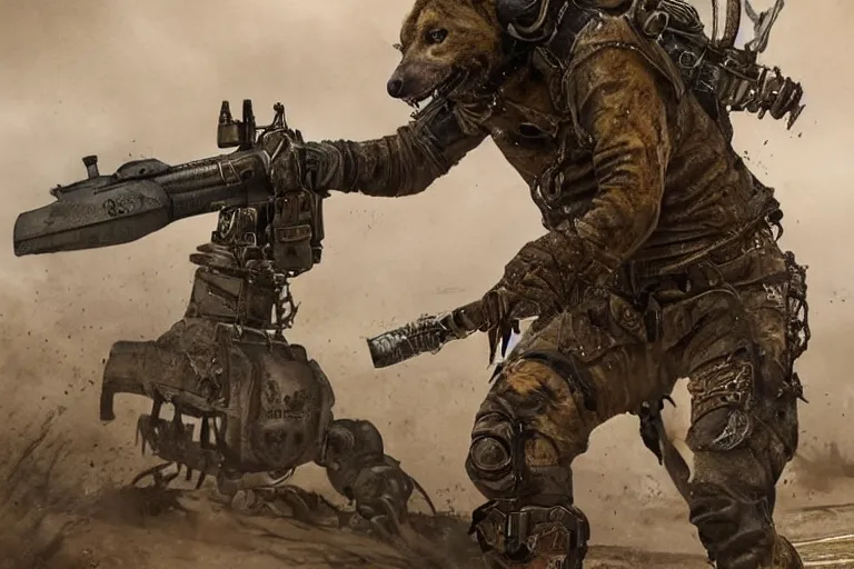 Image similar to a good ol'hyena fursona ( from the furry fandom ), heavily armed and armored facing down armageddon in a dark and gritty version from the makers of mad max : fury road. witness me.