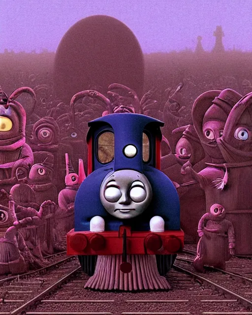 Image similar to still frame from thomas and friends by giger, happy teletubbies train by wayne barlowe, eldrich see thomas train by beksinski, grandiose demonic train with locomotive and endless wagons, 🚂