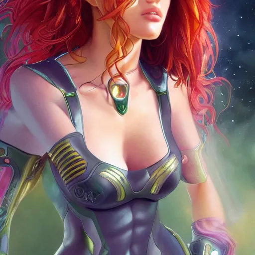 Image similar to ultra realistic illustration, bella thorne as starfire anime, intricate, elegant, highly detailed, digital painting, artstation, concept art, smooth, sharp focus, illustration, art by artgerm and greg rutkowski and alphonse mucha and wlop