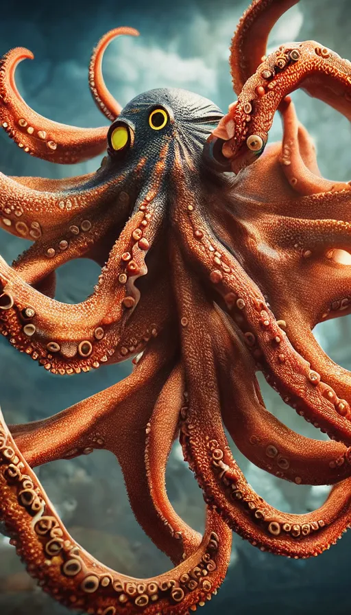 Prompt: A octopus centered-photograph , film still, dynamic action pose, National Geographic, insane detail, intricate, highly detailed, Zeiss Lens, DSLR photography, smooth, sharp focus, Unreal Engine 5, Octane Render, Redshift, 8K