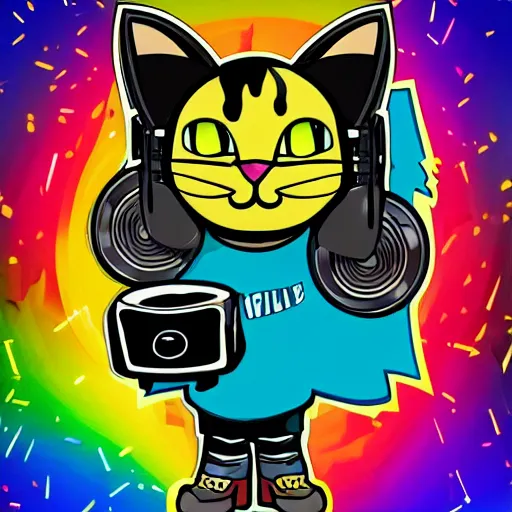 Image similar to svg sticker of a Dancing-Cat, at a rave, spinning records, giant headphones rocking out, wearing headphones, huge speakers, dancing, rave, DJ, spinning records, digital art, amazing composition, rule-of-thirds, award-winning, trending on artstation, featured on deviantart