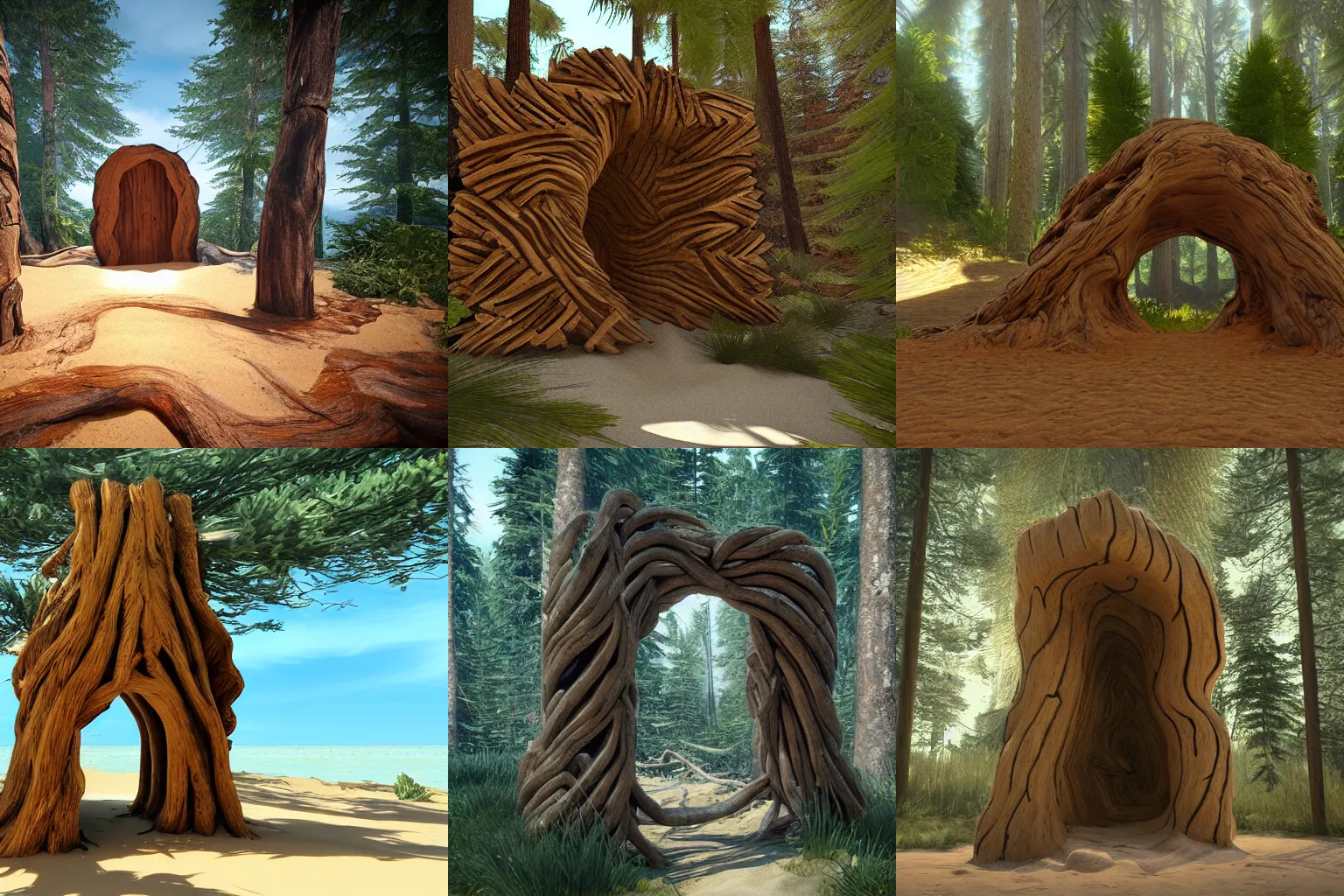 Prompt: A portal made out of twisted wood in the middle of a pine forest. The inside of the portal displays a sandy beach by the ocean. Unreal engine, photorealistic.