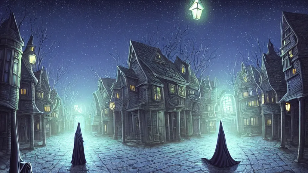 Image similar to lady dressed in long hooded cloak walks in empty lovecraftian town square surrounded by houses and inns.. cthulhu statue.. lovecraftian city at night by cyril rolando and naomi okubo and dan mumford and ricardo bofill.. lovecraft.. cobbled streets.. oil lamp posts.. lovecraftian.. starry night swirly sky.