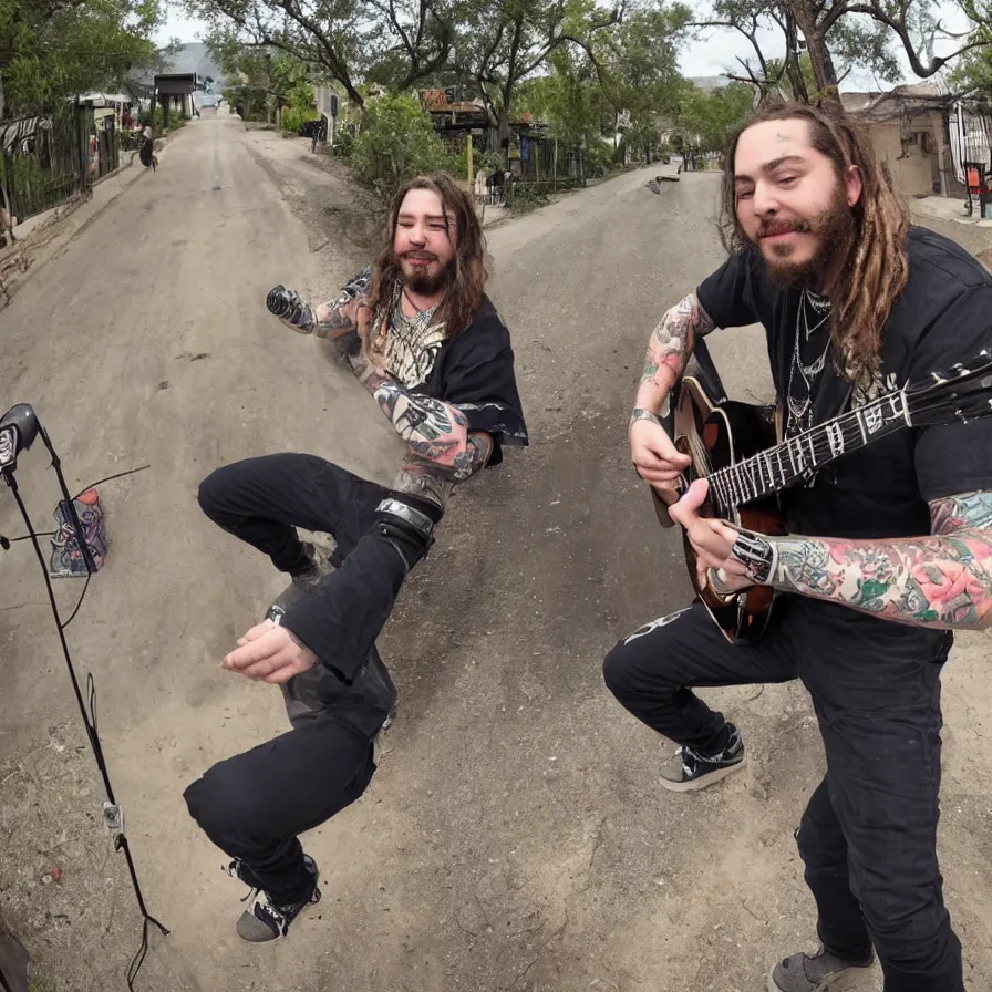 Prompt: trailcam footage of Post Malone playing a guitar on a mexican street