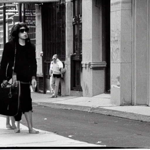 Prompt: covert surveillance photo of unidentified female suspect on a New York City street in 1985