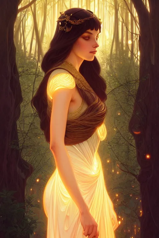 Image similar to symmetry portrait of brunette princess, glam, fae, fireflies, forest background, intricate, elegant, highly detailed, digital painting, artstation, concept art, smooth, sharp focus, illustration, art by artgerm and greg rutkowski and fra angelico and alphons mucha