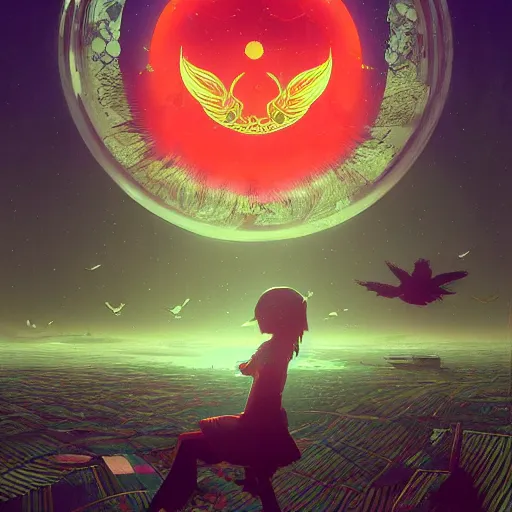 Image similar to the solarpunk phoenix, optimistic, red bird, ornate egg, regeneration, landscape, epic composition, volumetric light, bokeh, painting by ilya kuvshinov and by makoto shinkai