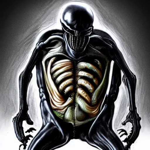 Image similar to a human bursting out of the chest of a xenomorph