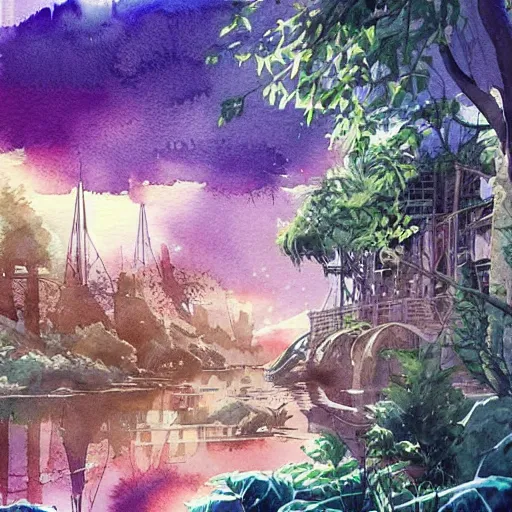 Image similar to Beautiful happy picturesque charming sci-fi town in harmony with nature. Beautiful light. Water and plants. Nice colour scheme, soft warm colour. Beautiful detailed watercolor by Lurid. (2022)