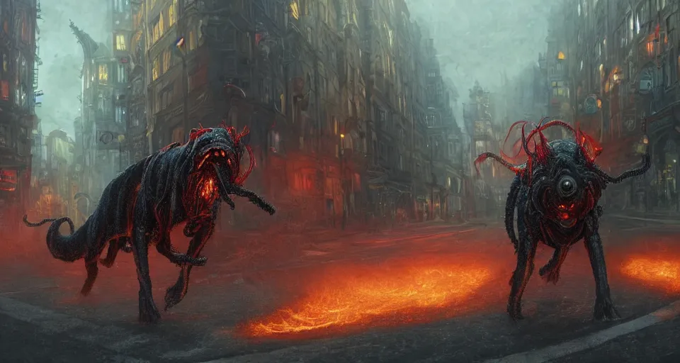 Image similar to Close-up Photograph of a lovecraftian demon hound exiting out of an interdimensional portal to hell, in the middle of a busy city street, by Andreas Rocha and John Howe, wide long view, f/11 aperture, unreal engine, deviant art, flickr, artstation, octane render, textured, colorful, hyperrealistic, physically based rendering, pbr render, very detailed, volumetric lighting, octane render, 4k, cinematic, 8k resolution,