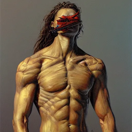 Image similar to torso portrait of a humanoid avian warrior, by Gerald Brom on Artstation