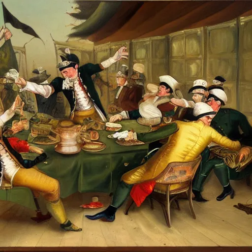 Image similar to the great tea war, oil on painting