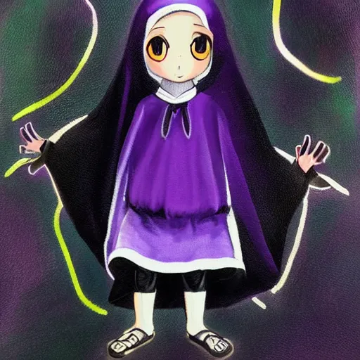 Prompt: little boy wearing nun outfit. purple and black color palate, detailed soft painting, made in abyss art style, inspired in hirohiko araki