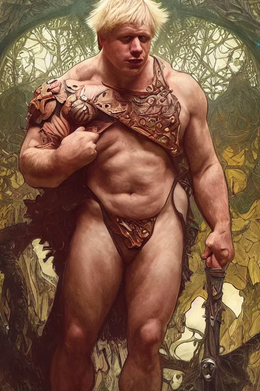 Image similar to portrait of boris johnson as a hulking herculean demon, forest, godlike, full body, fantasy, intricate, elegant, highly detailed, digital painting, artstation, concept art, sharp focus, illustration, art by artgerm and greg rutkowski and alphonse mucha