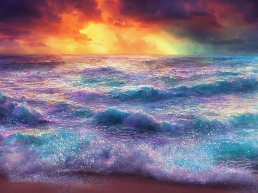 Image similar to Stunning dreamy rainbow colored stormy waves on beach full of blue sand and crystal gems, avatar, sunny rainbow galaxy stormy sea, cinematic, sunset, hyper-realistic, high resolution, concept art, artstation