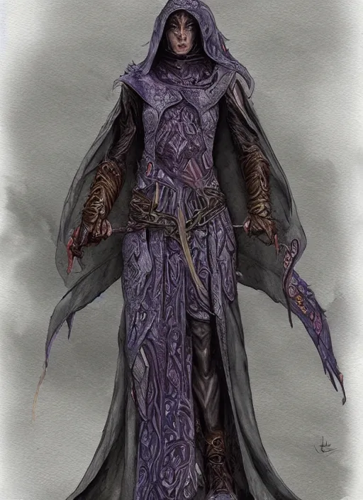 Image similar to cloaked mage, full body character concept art, artstation, fantasy, intricate design, watercolor painting