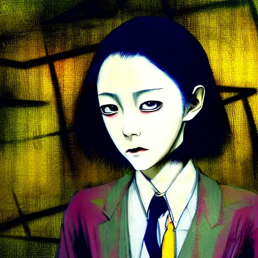 Prompt: yoshitaka amano blurred and dreamy realistic three quarter angle horror portrait of a sinister young woman with short hair and yellow eyes wearing office suit with tie, junji ito abstract patterns in the background, satoshi kon anime, noisy film grain effect, highly detailed, renaissance oil painting, weird portrait angle, blurred lost edges