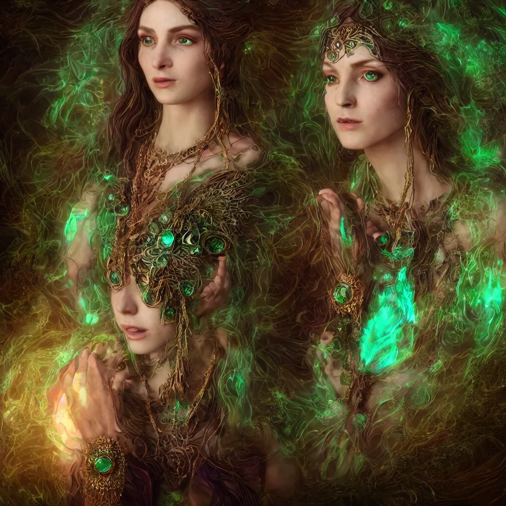 Image similar to wiccan high priestess with angelic face, super fine details and intricate jewelry with feathers and crystals, ethereal, in deep clear emerald water, divine realm of gods, solarpunk realistic cinematic style, filmed in 70mm, volumetric lighting, octane render, photographic, concept art, artist Leonardo DaVinci, unreal engine, 8k