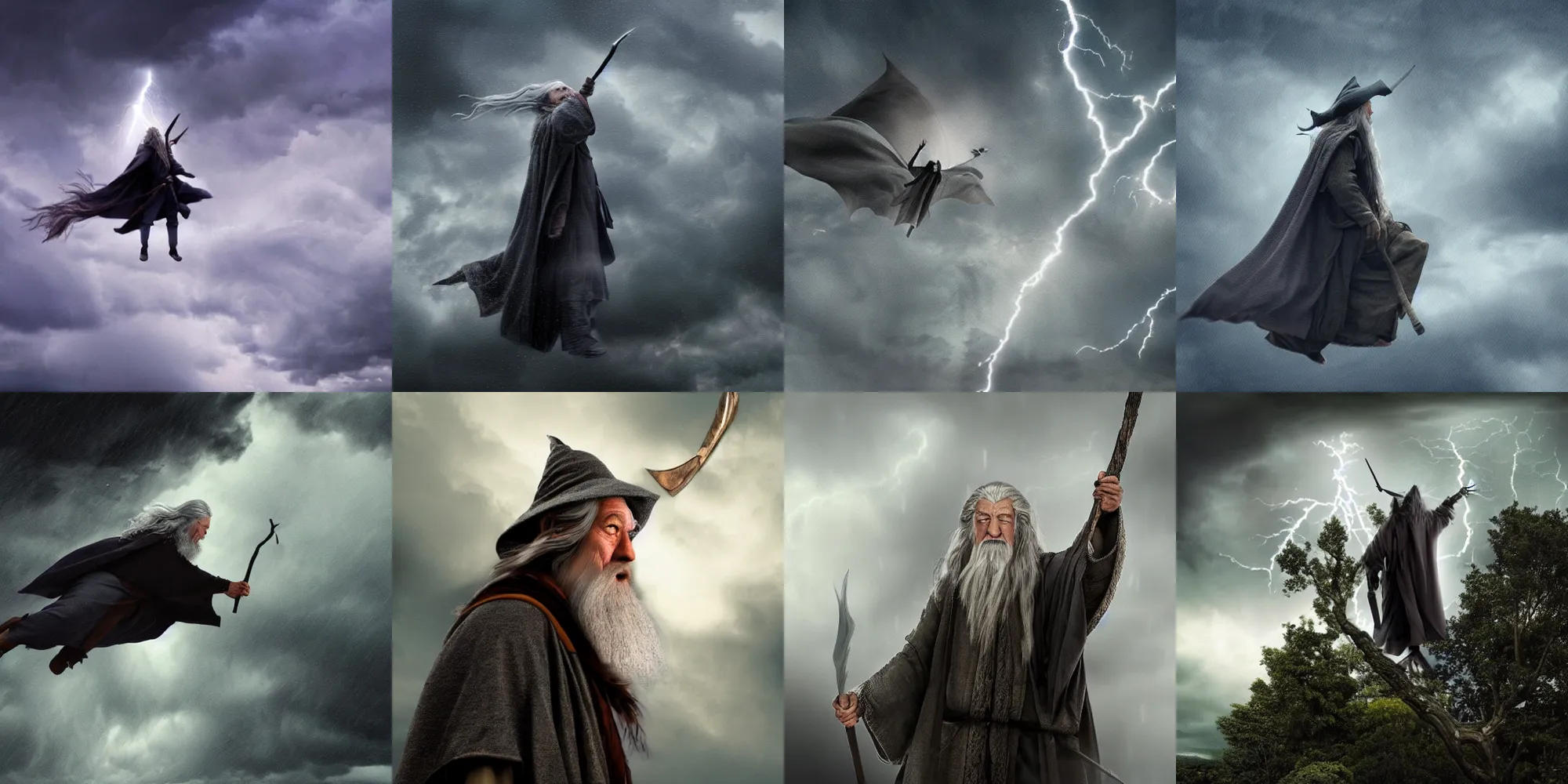 Prompt: gandalf flying on a tree in the sky during a thunderstorm, detailed face, close up, hyperrealistic, dark colors, low contrast,