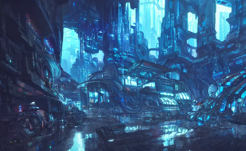 Image similar to cyberpunk factory in a dark cave, blue crystals, hyper detailed, realistic, intricate, concept art by frank hong, mate painting, artstation