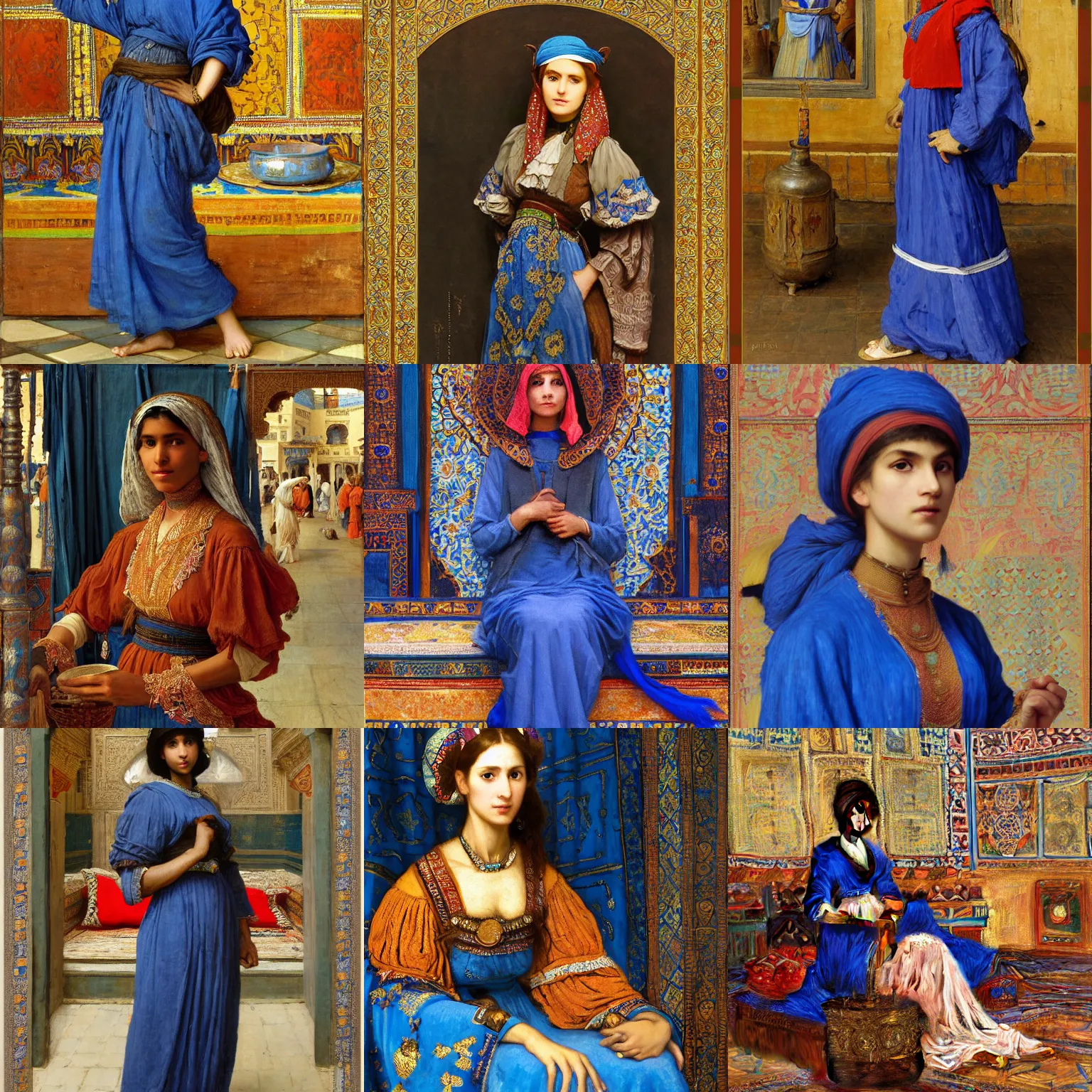 Prompt: orientalist portrait of a moorish woman wearing a blue dress selling tapestries in a busy marketplace intricate artwork by Fabio Fabbi and john william waterhouse and Edwin Longsden Long and Nasreddine Dinet and Theodore Ralli trending on artstation, very coherent symmetrical artwork high detail 8k