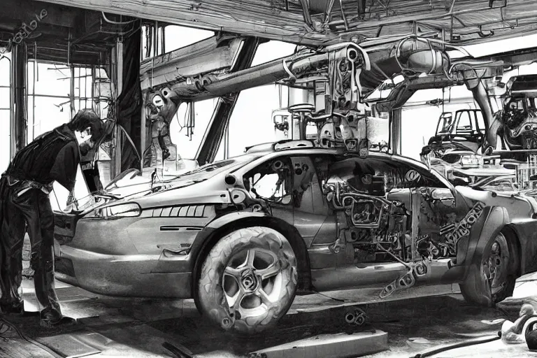 Prompt: repairing a vehicle on a machine world, year 2 0 0 3, photorealistic