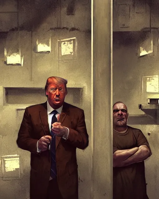 Prompt: portrait of Alex Jones and Donald trump wearing prison clothes and in a prison jail cell behind bars, Greg rutkowski , craig mullins, vibrant color, cinematográfica, digital Art, trending on artstation, octane