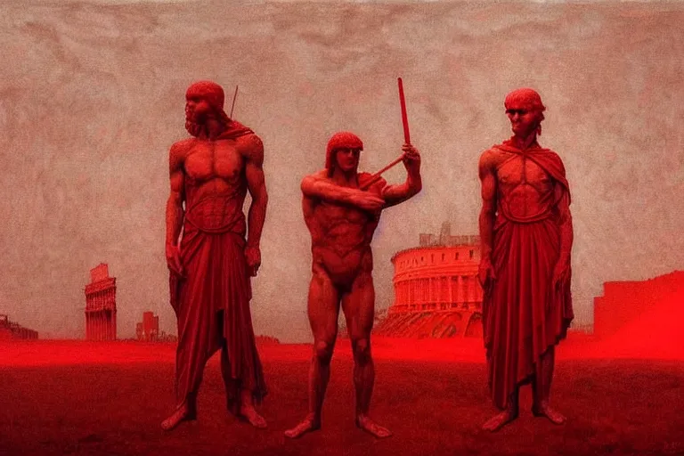 Image similar to only with red, caesar after war, the deal, a red tiger, in hoc signo vinces, rome in background, an ancient path, in the style of beksinski, part by hopper, part by rodcenko, part by hofbauer, intricate composition, red by caravaggio, insanely quality, highly detailed, masterpiece, red light, artstation