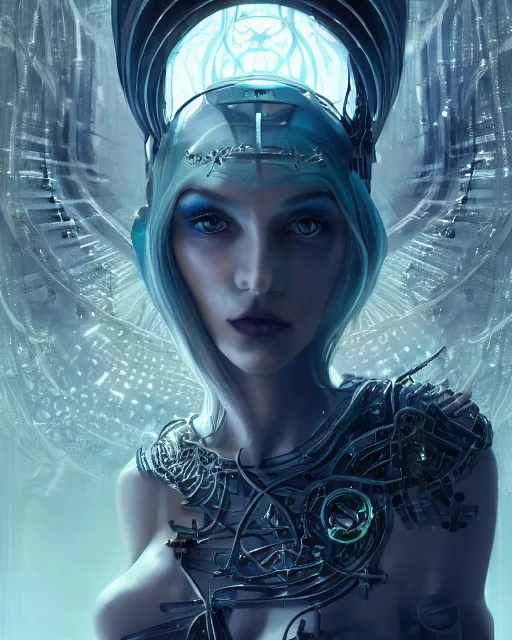 Prompt: centered detailed portrait of a cybernetic princess with occult magic symbols and arcane schemas, realistic character concept, beautiful sci-fi women, identical eyes, gazing eyes, beautiful eyes medium shot, elegant pose, fantasy, illustration, slender symmetrical face and body, artstation, cinematic lighting, hyperdetailed, cgsociety, 8k, high resolution, Dan Mumford, Sam Yang Audrey Kawasaki, single face, insanely detailed and intricate, octane render, golden ratio, dark fractal background, vfx, postprocessing, freckles, alluring