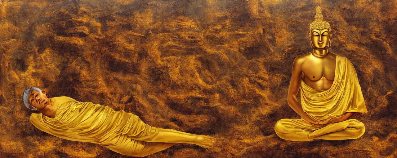 Prompt: a surreal golden painting of a man meditationg on a cliff where he sees giant buddahs eyes floating in the desert