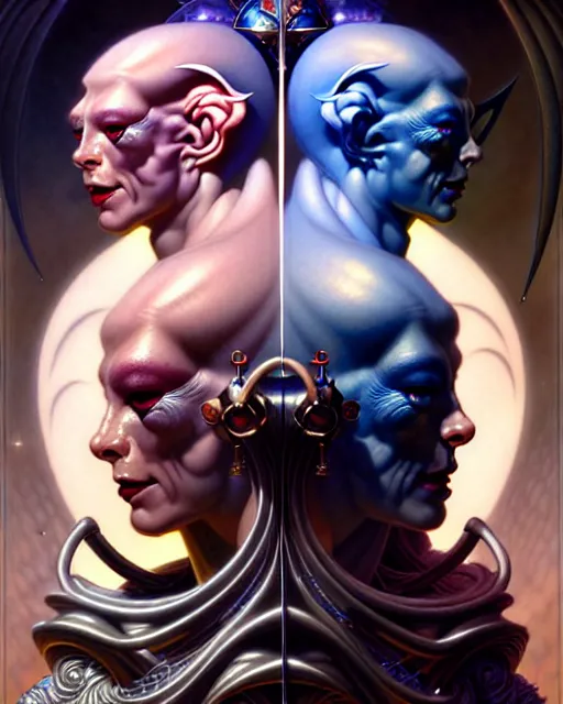 Image similar to beautiful gemini good and evil fantasy character portrait, ultra realistic, wide angle, intricate details, the fifth element artifacts, highly detailed by peter mohrbacher, hajime sorayama, wayne barlowe, boris vallejo, aaron horkey, gaston bussiere, craig mullins