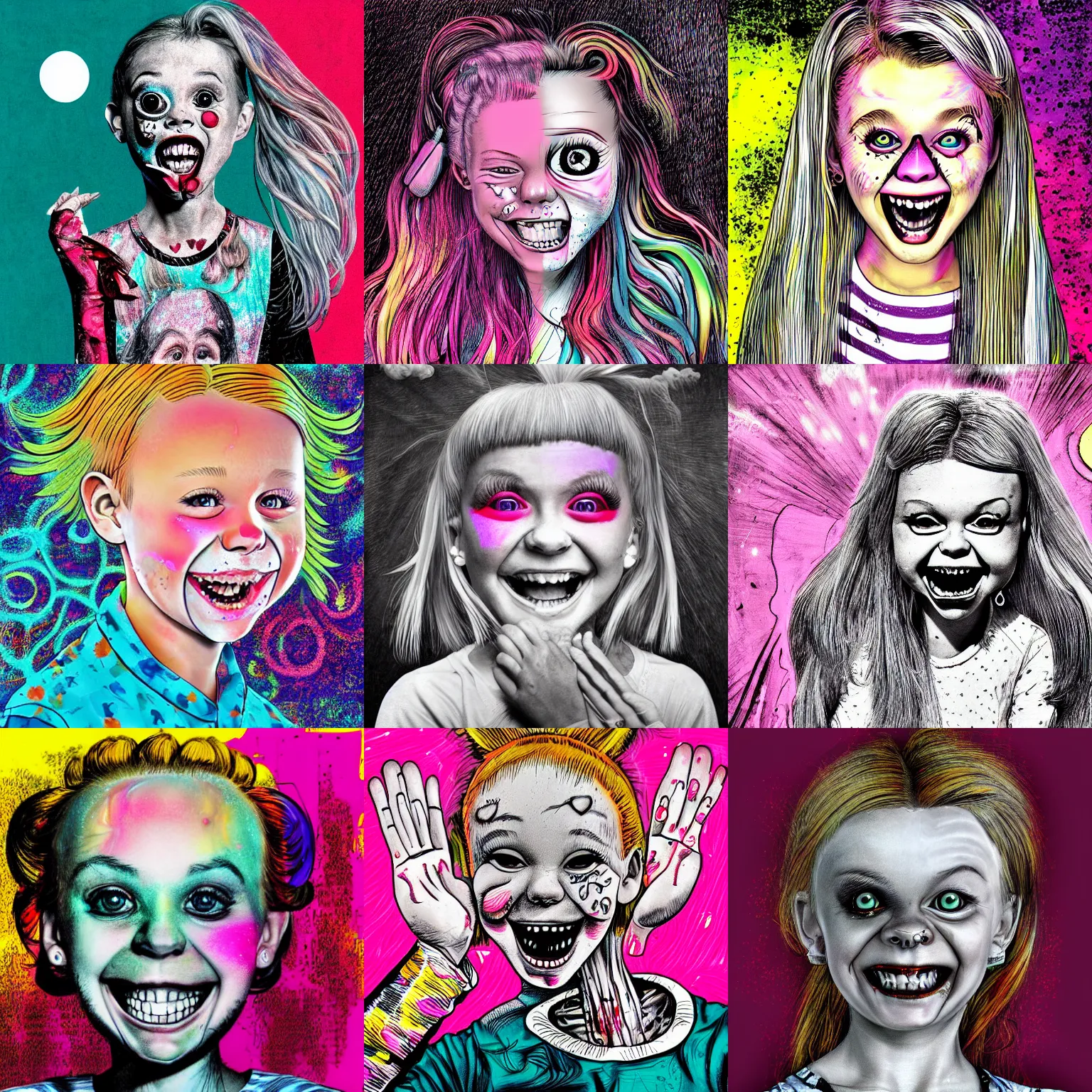 Prompt: a detailed digital art of a grinning jojo siwa in the style of stephen gammell and junji ito and kubrick, vibrant color scheme,