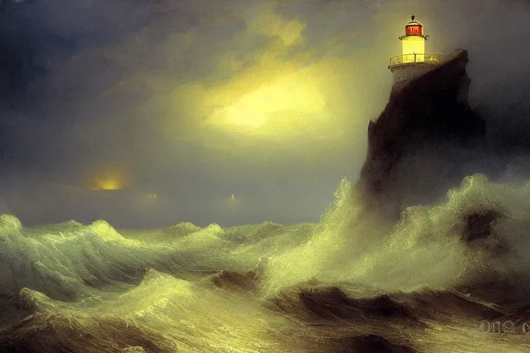 Image similar to lighthouse lit by crepuscular ray of sun, dark, stormy, cliff, crashing waves, sea, headland, carl spitzweg, david curtis, jmw turner, ivan aivazovsky, morgan weistling, seascape