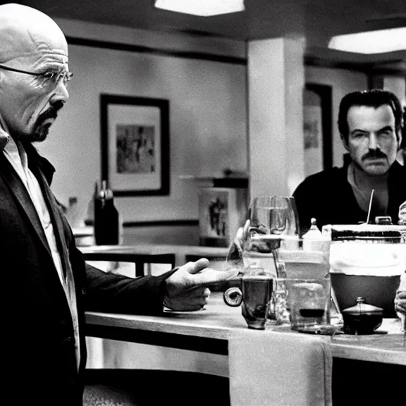 Image similar to Still of Walter White in The Sopranos at the Bada Bing talking with Tony Soprano, dark lighting