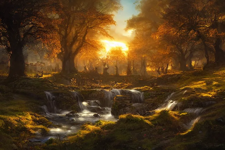 Image similar to a medieval celtic village with a stream in a forested valley, sunset with ominous shadows by jessica rossier and brian froud cinematic painting