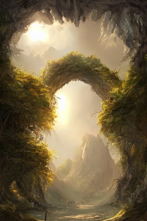 Prompt: gateway to another realm in a fantasy landscape. Digital art. Very detailed. Trending on artstation.