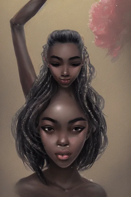 Image similar to A bust of a beautiful black skinned Japanese girl with large lips and smooth eyebrows and straight hair, HD, illustration, epic, fantasy, intricate, elegant, amazing detail, digital painting, artstation, concept art, smooth, sharp focus, illustration, art by Turine Tran